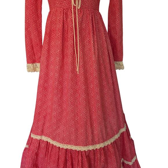 Gunne Sax Red Floral Corset Maxi Dress Size 9 Vintage 70s Prairie Lace Up - Picture 4 of 12